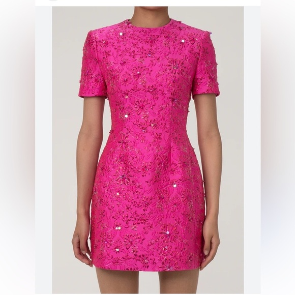 Intricate Sequin Lurex Jacquard Floral Crew Neck Short Sleeve Party Mini Dress - Picture 3 of 11